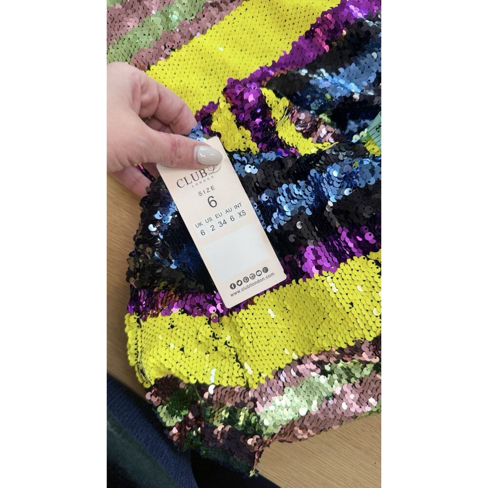 NWT Club London Neon Striped Sequins High Neck Long Sleeved Dress Size US 2 2454 - Picture 7 of 8